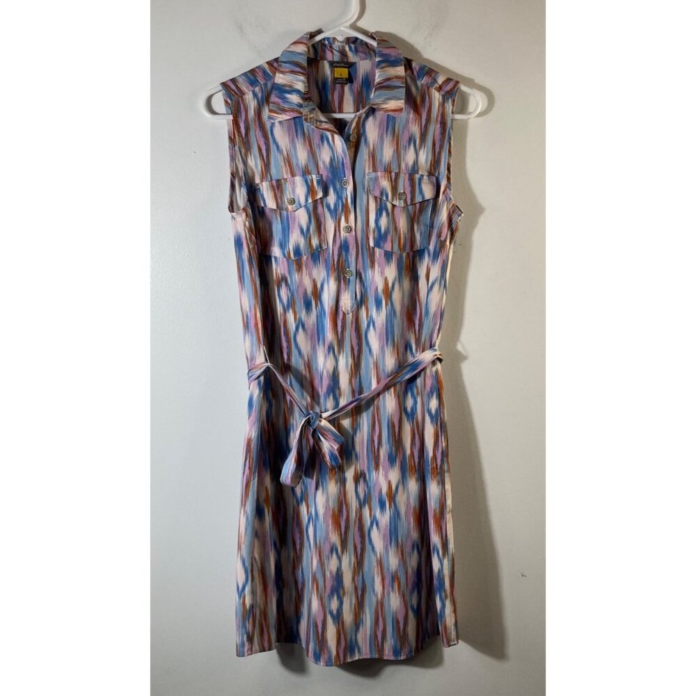 Womens Eddie Bauer Ikat Print Shirt Dress Sleeveless 1/2 Button S Pink Blue Crea